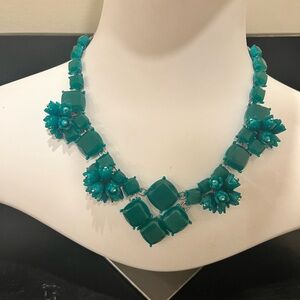 Talbots Teal Statement Necklace Floral Cluster Beaded Silver Tone Adjustable